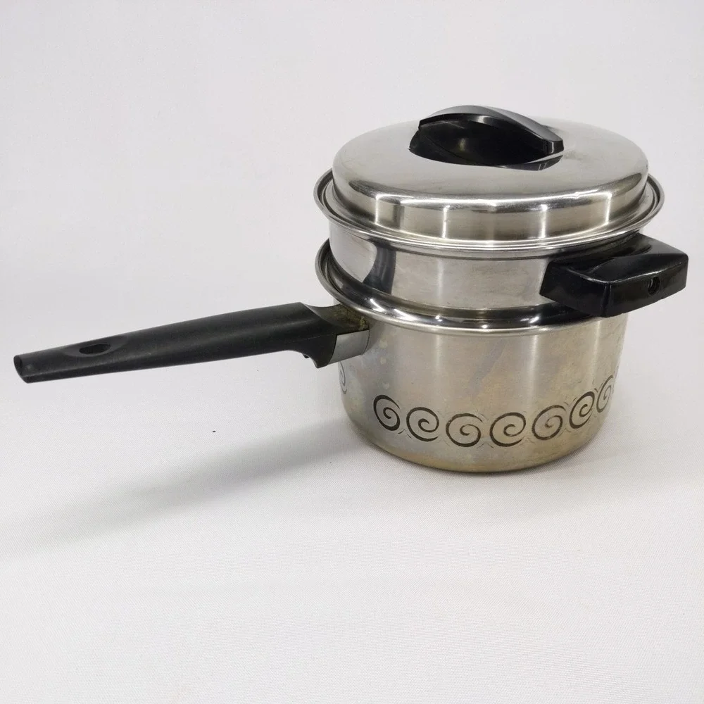 VTG Ecko Stainless Steel Double Boiler w Lid Black Handles‎ Swirl Design 2qt